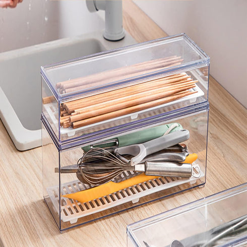 Large Transparent Flatware Tray, Kitchen Drawer Organizer with Lid and Drainer, Plastic Cutlery Storage Container