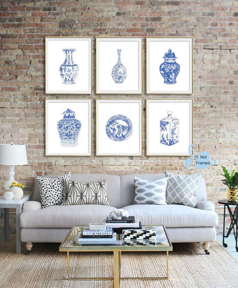 Chinoiserie Wall Art Print, Set of 6 Chinese Blue White Porcelain Vase Canvas Prints for Bedroom or Study Decor