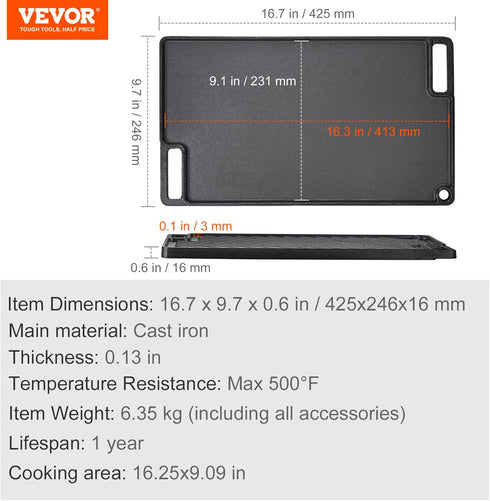 VEVOR Reversible Grill/Griddle, 17x10'' Pre-Seasoned Cast Iron Griddle Pan for BBQ, Gas Grill, Non-Stick Cookware.