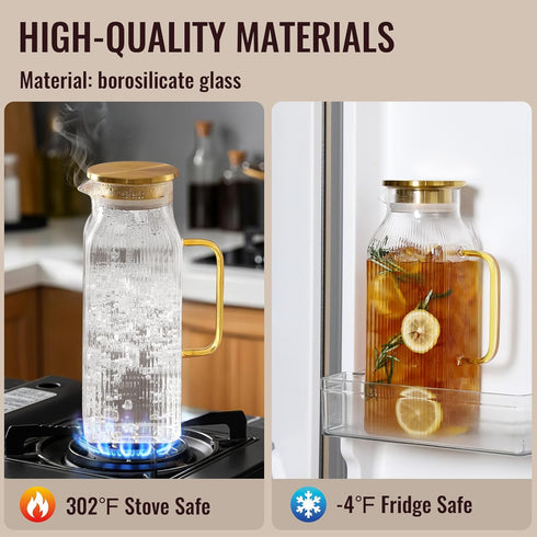 Snuvid 2 Pack 2 Liter/68 oz Square Glass Pitcher with Lid, Classic Stripes Water Pitchers with Handle for Fridge, Large
