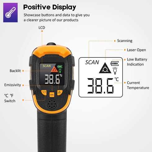 Infrared Thermometer Non-Contact Digital Laser Temperature Gun, -58?~1112?, for Cooking, BBQ, Food, Engine