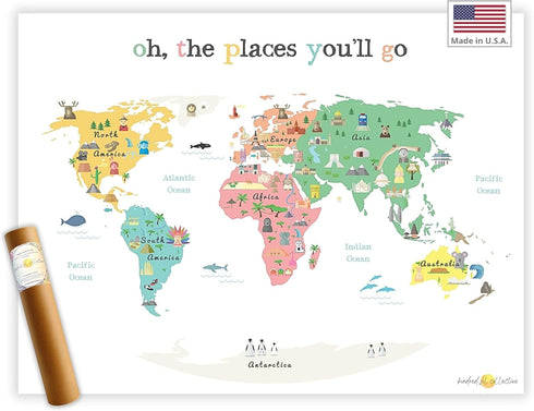 Oh the Places You'll Go Illustrated Kids World Map, 24x17”, Vibrant Educational Wall Decor with Animals