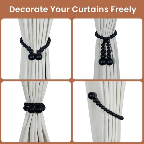 Magnetic Curtain Tiebacks, 2 Pack Curtain Tie Backs for Curtains, Wood Bead Curtain Holders for Boho Bedroom Decor,