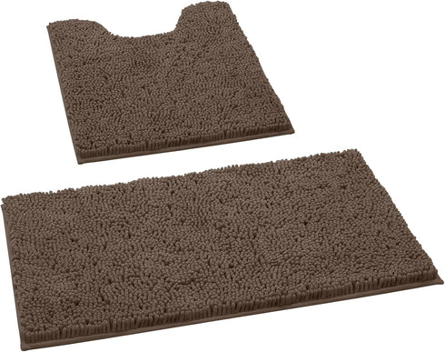 HOMEIDEAS Bathroom Rugs Set - 2 Pieces Ultra Soft Non Slip Absorbent Chenille Bath Mat Set (Brown)