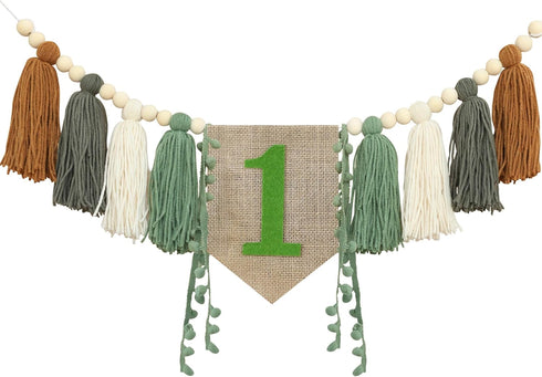 1st Wild One High Chair Banner Boy First Birthday Decorations,Jungle Green Highchair Banner,Woodland One Year Old Party