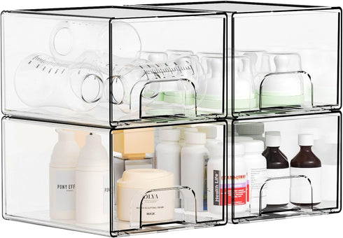 Yieach 4.4" Closet,Medicine Bottles,Pacifier,4 Tall Small Clear Acrylic Stackable Storage Drawers for Vanity,Under