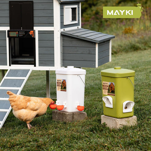 Set, 3 Gallon/26 LB 10 MAYKI Chicken Feeder and Waterer No Waste Poultry Feeding System with Hanging Option, Automatic