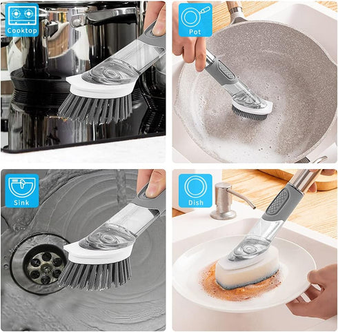 QUTHZZHY 4-in-1 Set 4 Dish Cleaning Brush Soap Dispensing Dish Brush with Replacement Heads and Storage Holder, Kitchen