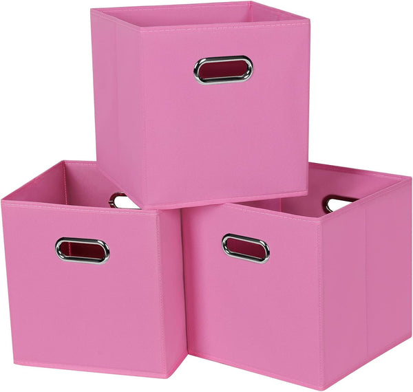 Fabric Cubby Storage Bins, Set of 3 - 13x13x13 Inches Foldable Organizer Bins with Dual Handles in Pink