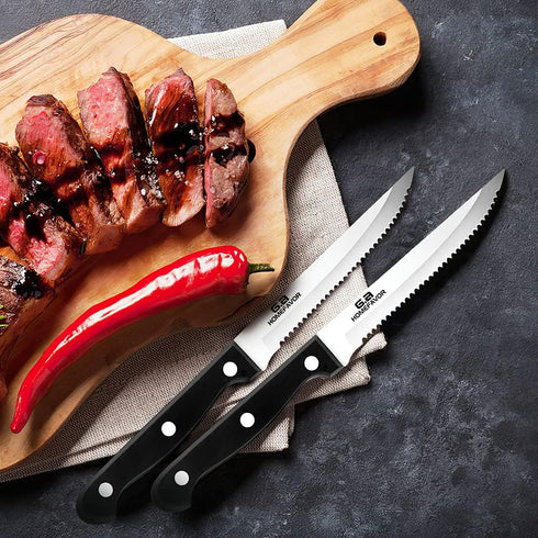G.a HOMEFAVOR Steak Knife Set - 8 Pieces Full Tang Sharp Serrated Knives Cutlery Set, Stainless Steel, Black