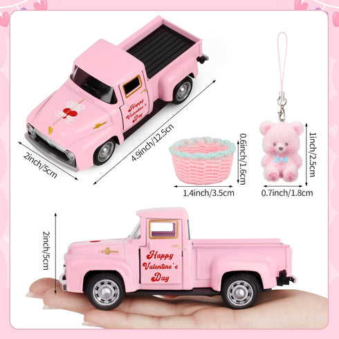 Hooqict Pink Valentines Day Mini Metal Truck with Flower Basket Romantic Love Heart Truck for Valentine's Day Gifts
