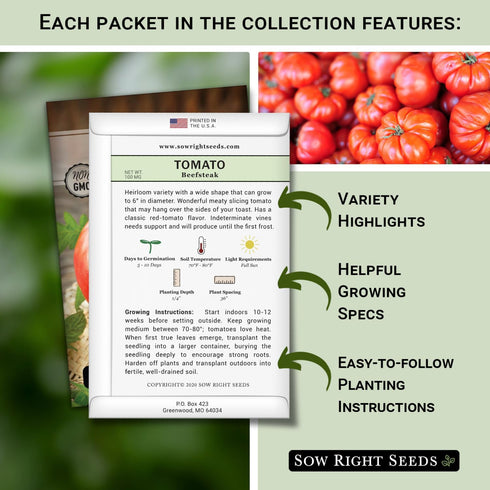 Sow Right Seeds - Beefsteak Style Tomato Seed Collection for Planting - Beefsteak, Kellogg's, Cherokee Purple, Mortgage