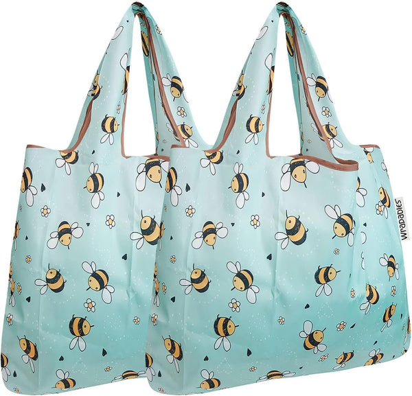 allydrew Foldable Tote Nylon Reusable Grocery Bag (Set of 2), Bumble Bees