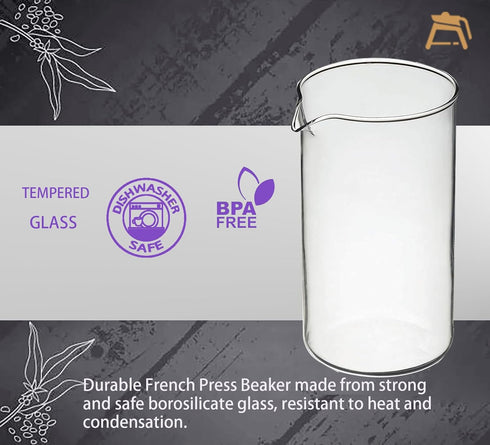 French Press Glass Beaker, 34 oz, Borosilicate 3.3 Glass, Universal Replacement for Coffee and Tea Makers