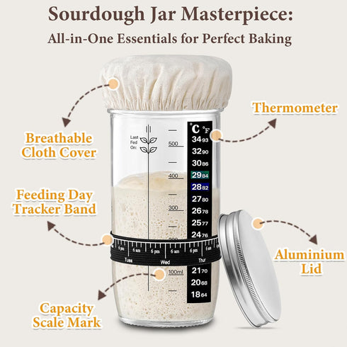 2 Pack, 24 oz Glass Sourdough Starter Jar Wide Mouth Organic Sourdough Starter Kit with Date Marked Band, Thermometer