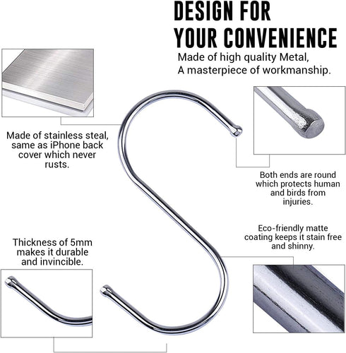 WHITECLOUDZ 30-Pack Silver S Hooks, Stainless Steel Hooks for Hanging Plants, Heavy-Duty Closet Hooks for Utensils &