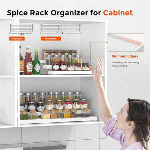 Expandable Spice Rack Organizer - 3 Tier Adjustable Cabinet Spice Organizer for Easy Visibility, White