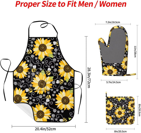 Sunflower Bees Oven Mitts and Pot Holders with Apron Set of 5 Silicone Sunflowers Kitchen Mitten Gloves and Non-Slip Potholders Cooking Apron Set Heat Resistant Oven Gloves Hot Pads for BBQ by BOKEKANG
