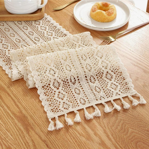 36 Inch Gemseek Boho Crochet Lace Table Runner, Vintage Beige Bohemian Short Table Runner for Coffee Table, Side End