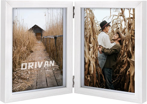 Double 5x7 Hinged Picture Frame, Vertical MDF Wood Photo Frames with Glass Front (White)