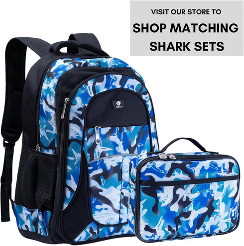 Fenrici Lunch Box for Boys, Kids Insulated Lunch Bag, Spacious, BPA Free, Food Safe, Shark, Camo