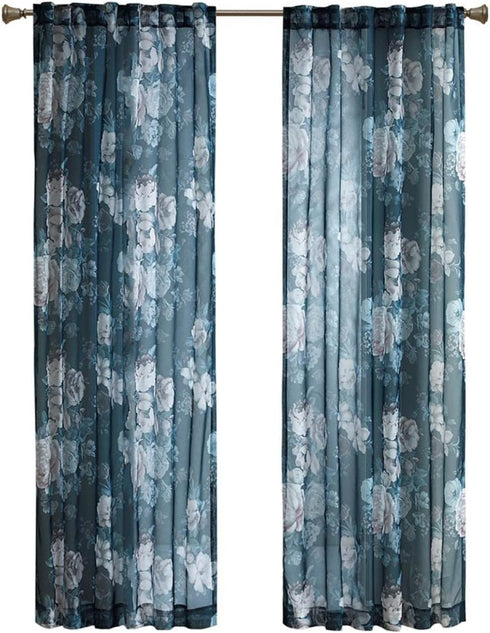 Madison Park Simone Floral Design Sheer Single Window Curtain Voile Privacy Drape, 50" x 95", Navy (MP40-6623)
