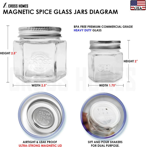 CROSS HOMES Pack 21 Set (6 4 oz 15 2 oz) Magnetic Spice Jars Combo Large + Small Refrigerator Hexagon Glass Spice Jar