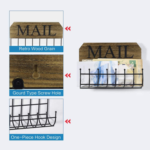 SRIWATANA Rustic Mail Holder Organizer, Key Holder Wall Mount Mail Sorter for Hallway Foyer Home Decoration - Black