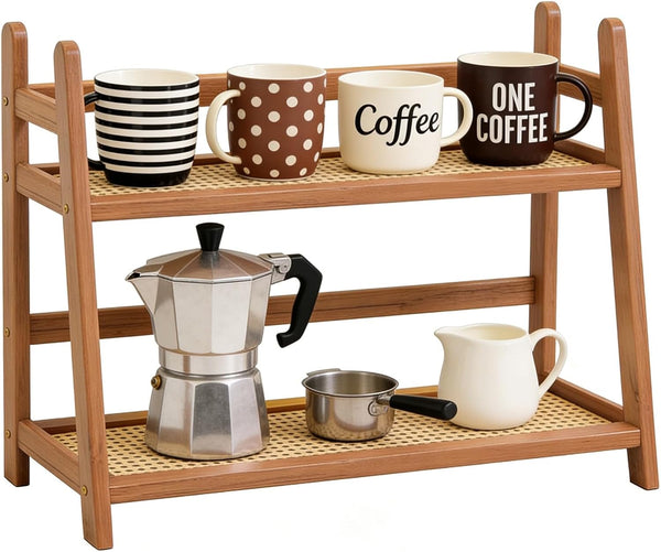 FYRLFB Household 2-Tier Cup Shelf Organizer, Kitchen Counter Shelf for Tea Coffee Bar