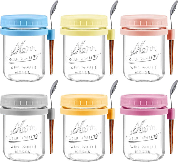 AsstarJTK 6 Pack Overnight Oats Containers with Lids and Spoons - 16 Oz