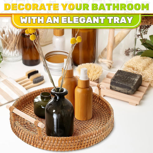 8.7-Inch Rattan Tray Round Woven Serving Basket with Handles Holidays Romantic Decorative Tray for Coffee Table, Bread