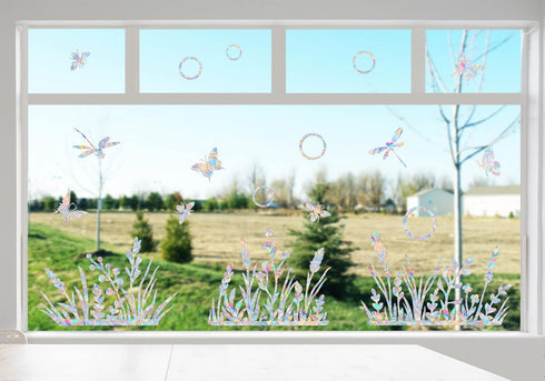Flower and Grass Window Decals for Bird Strikes, Non-Adhesive Reusable Vinyl Rainbow Stickers to Save Birds.