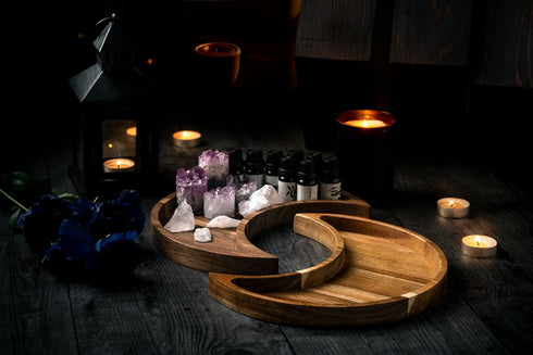 Room Decor Jewelry Organizer - Walnut Wood Tray with Spiritual Accents, Boho Gothic Style, Trinket Dish, Moon Shaped