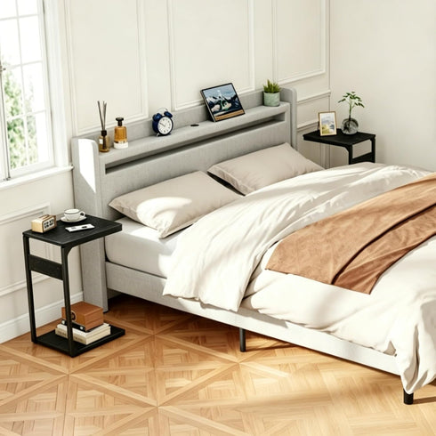 Vovonusy ET-YB-BK1 Wood Pedestal Small Sofa Side Table for Couch, Tall Nightstand, C Shaped End Table, TV Trays