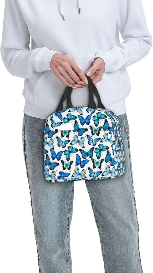 Insulated Lunch Bag Box for Women, Blue Butterfly Print Cooler Thermal Waterproof Tote Bag for Work & Picnic