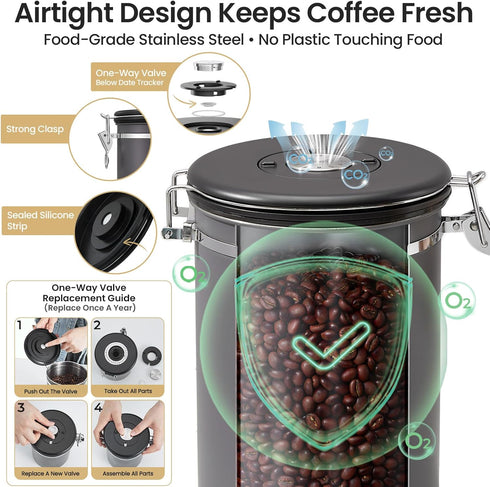 39OZ 2.2lbs Veken Coffee Canister, Large, Airtight Stainless Steel Food Storage Container for Coffee Beans,Ground