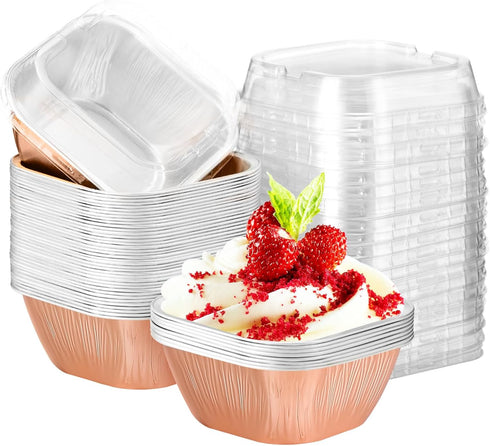EUSOAR Foil Ramekins, 8oz 50pcs Aluminum Foil Baking Cups with Lids, Disposable Mini Cake Loaf Containers for Party