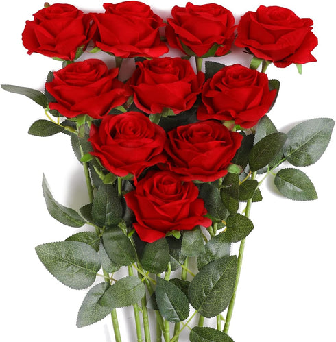JUSTOYOU 10Pcs Artificial Roses Flowers, Realistic Silk Rose, Long Stem Bouquets for Home Wedding Decoration