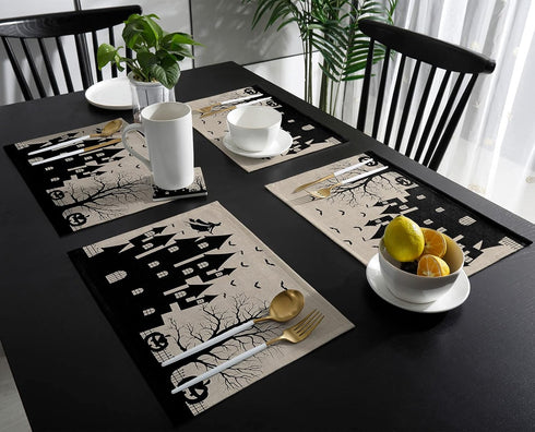 Halloween Placemats Set of 4, Cotton Linen Place Mats with Castle Witch, Pumpkin Lamp, Bat for Dinner Party