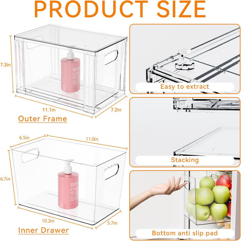Yieach 2 Pack Drawers,11Deep Large Stackable Storage Under Cabinet Organizer,Baby Bottle Organizer,Clear Stacking Pull