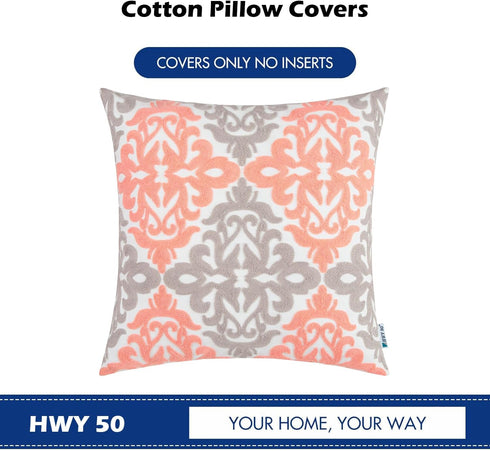 HWY 50 Coral Pink Decorative Throw Pillow Covers - 18x18 Inch (1 Piece) - Embroidered Cotton Farmhouse Cushion Cover