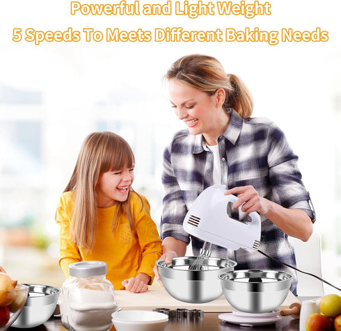 Hand Mixer Electric Mixing Bowls Set, 5 Speeds Handheld Mixer with 5 Nesting Stainless Steel Bowls, 200W