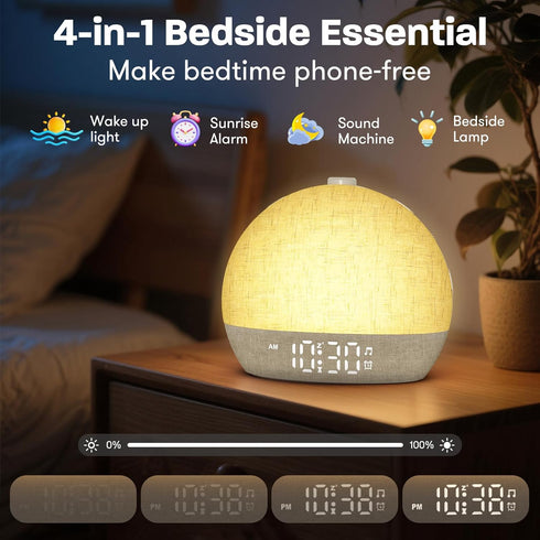ARUQO 30 Dimmable Snooze, Wake Up Light Sunrise Alarm Clock, White Noise Sound Machine with Soothing Sounds, Night