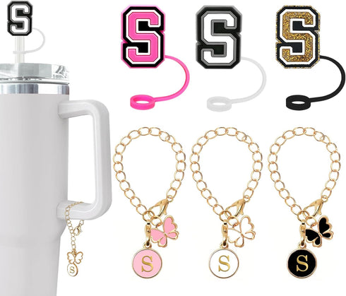 (3 +3) Nuozme Straw Cover Compatible with Stanley Tumbler Cup, 3PCS Letter Straw Caps with Initial Butterfly Charms
