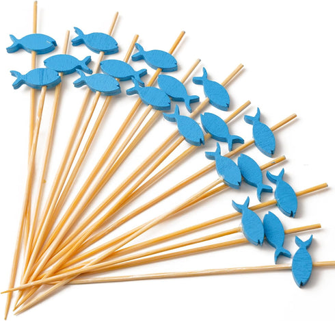 PuTwo 100 Counts Cocktail Toothpicks - Handmade Natural Bamboo Cocktail Sticks for Appetizers, Fruits, Dessert - Blue