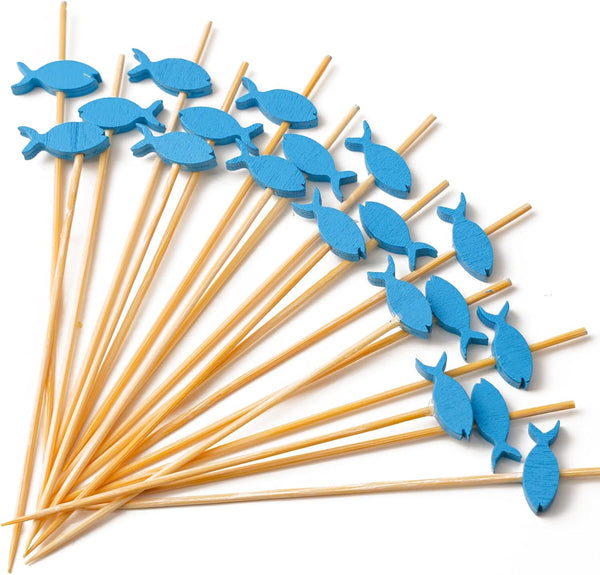 PuTwo 100 Counts Cocktail Toothpicks - Handmade Natural Bamboo Cocktail Sticks for Appetizers, Fruits, Dessert - Blue