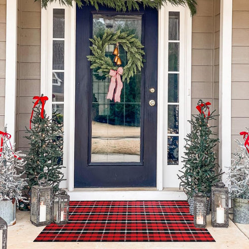 Christmas Outdoor Rug Doormat 2' x 4.3', Black/Red Buffalo Plaid Cotton Hand-Woven Welcome Layered Door Mats