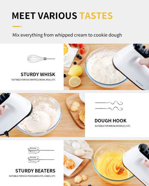SHARDOR Hand Mixer Electric, 6 Speed & Turbo Handheld Mixer with 5 Stainless Steel Accessories, Electic Mixer for Whipping, Mixing Cookies, Brownie, Cakes, Dough Batters, Snap-On Storage Case, White by SHARDOR