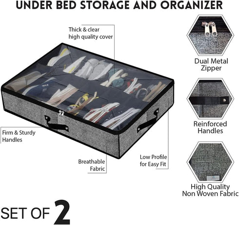 Under Bed Shoe Storage Organizer, Set of 2 for 24 Pairs, Clear Cover and Reinforced Handles with Strong Zipper