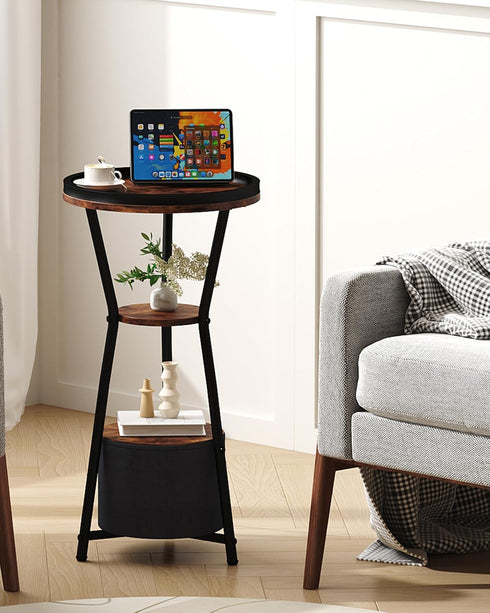 3-Tier Yusong Round Side Table, Small Drink Table for Small Spaces, Industrial End Table, Accent Nightstand Bedside